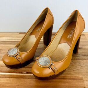 Michael Kors Women Tan Leather Platform Chunky Heel‎ Pumps Shoes Size 5.5M